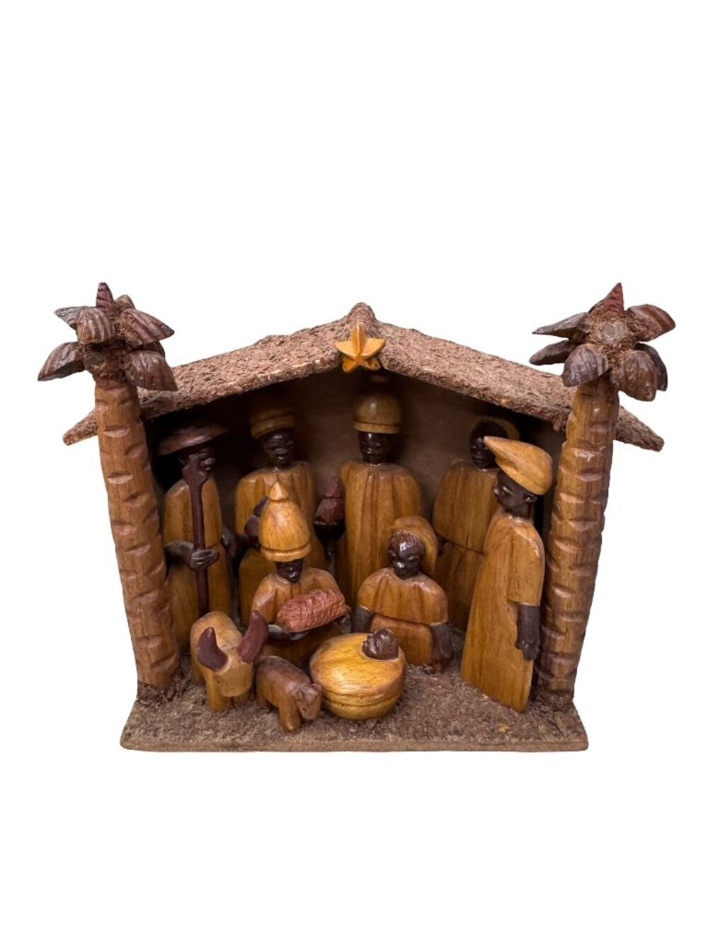 Vintage Nigeria Hand-Carved Wooden Nativity Scene Stable Figures & Rustic 11”